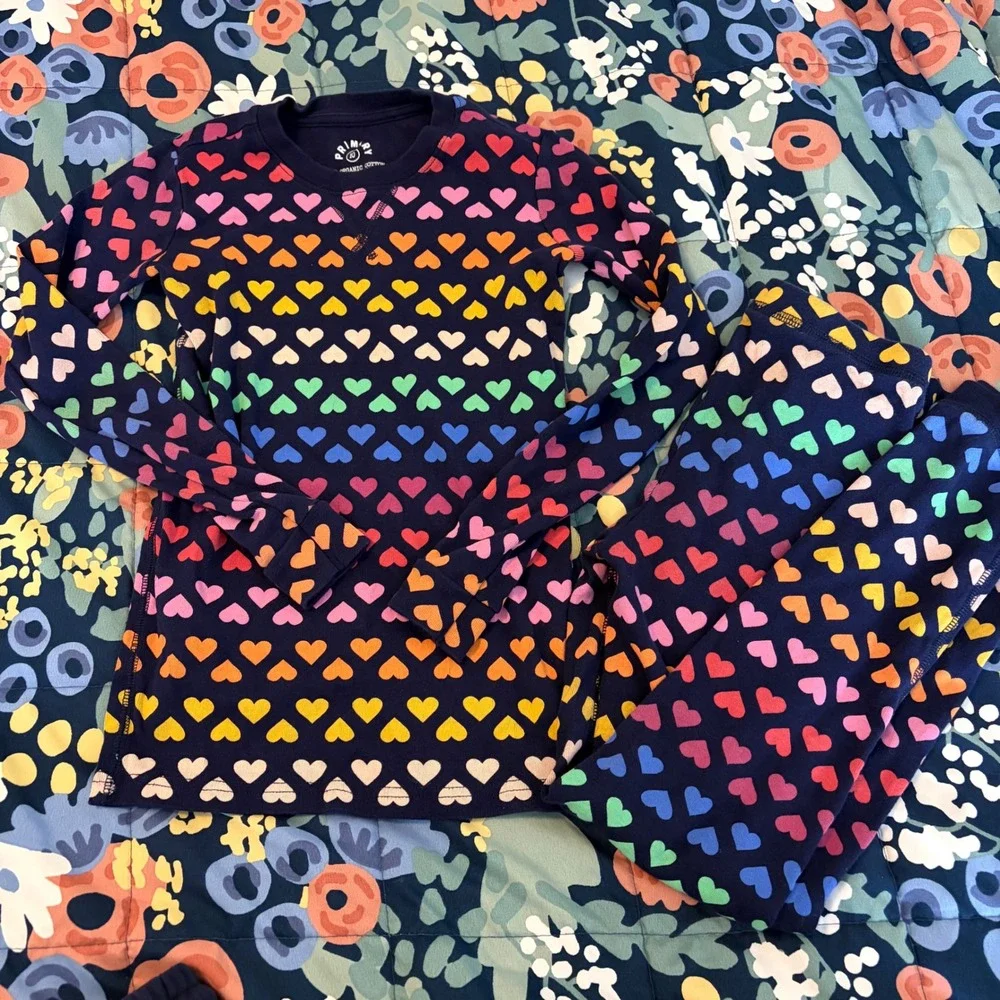 Primary Kids Rainbow Heart Organic Cotton Pajama Set Navy Blue Size 10